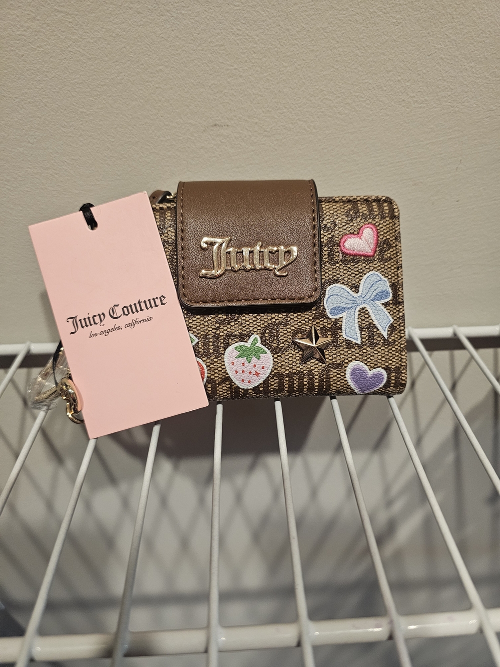 Juicy Couture Brown Logo Patch Card Holder with Multicolor Embroidered Accents